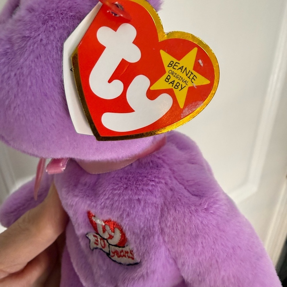 Ty 30th Anniversary Lavender Plush Bear with Pink Ribbon - Picture 2 of 5
